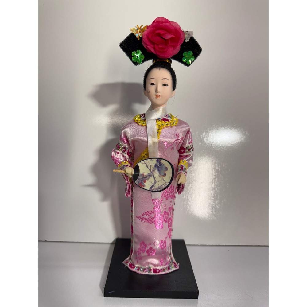 Vintage Chinese Doll Pink Satin Floral Robe Headdress with Rose 10.5 Inch Decor